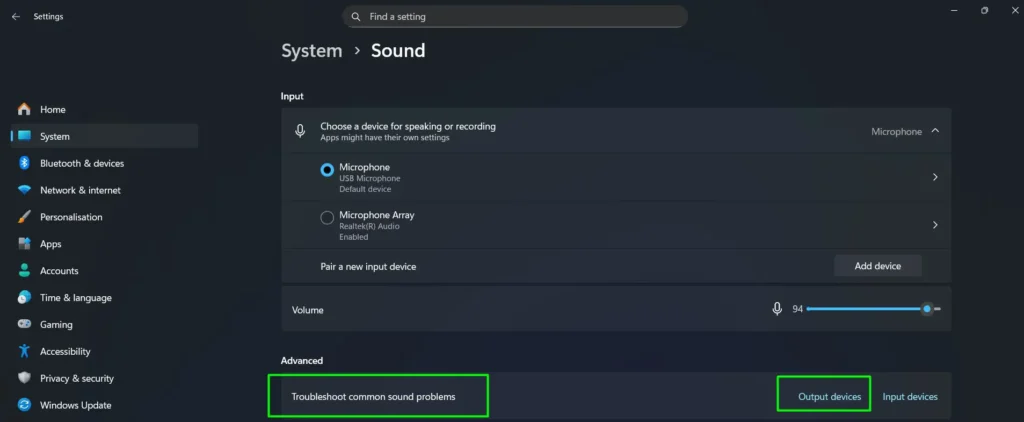 Open Settings – System – Sound, scroll down to 'Troubleshoot common sound problems,' and click Troubleshoot next to your output device