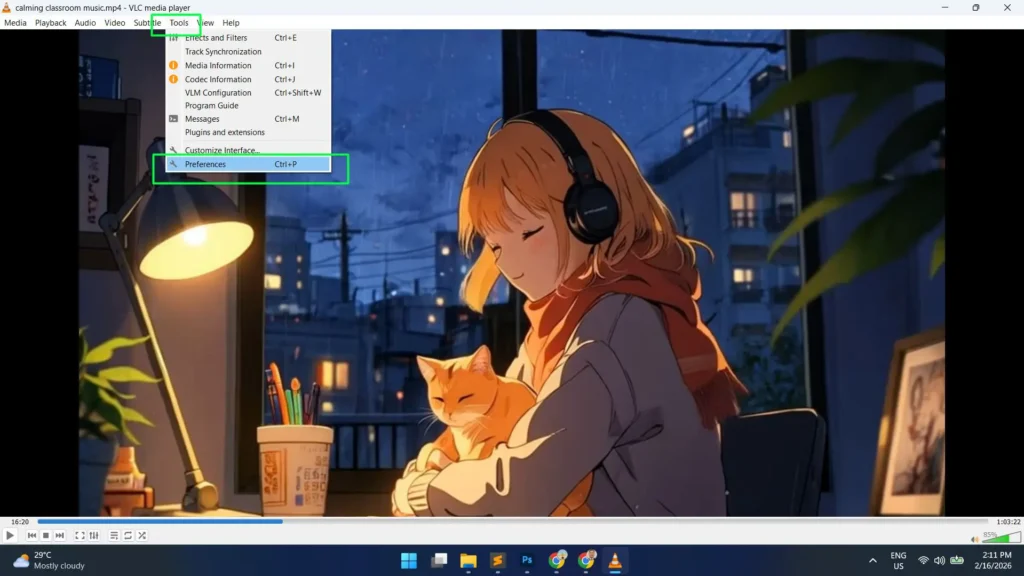 Open VLC Media Player and go to 'Tools' in the top menu, then click 'Preferences'