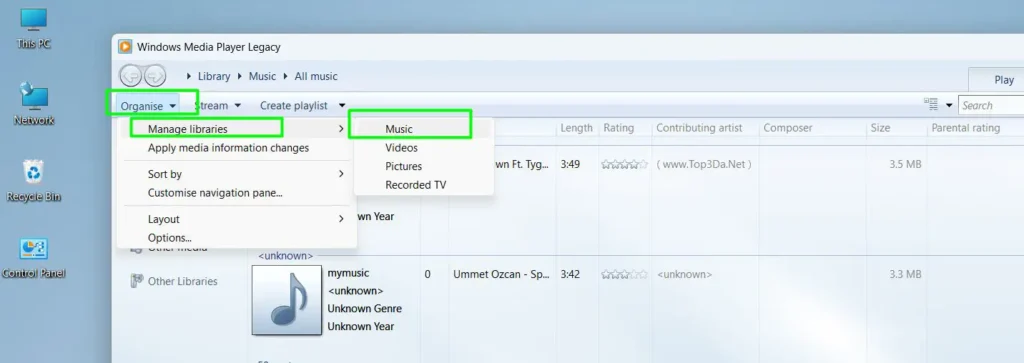 Open Windows Media Player and click ‘Organize’ then ‘Manage libraries’ and select ‘Music’