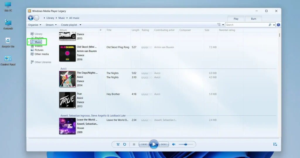 Open Windows Media Player and go to the Music section in the left panel