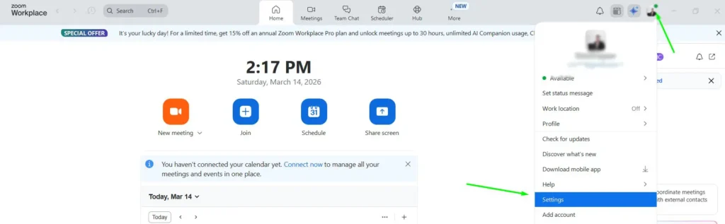 Open Zoom and click your profile picture at the top right, then select Settings