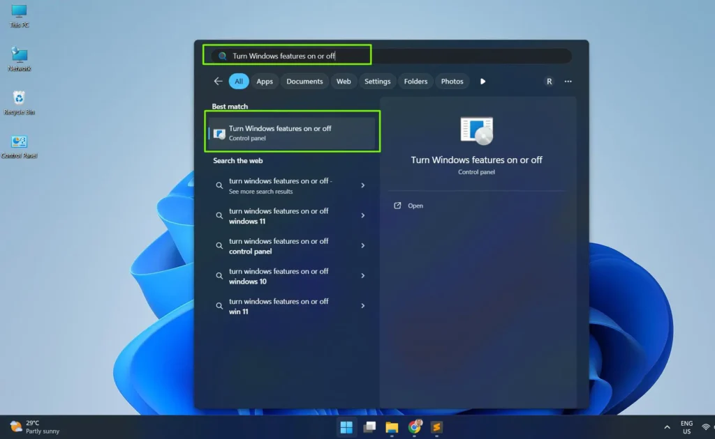 Open the Start menu and search for ‘Turn Windows features on or off’
