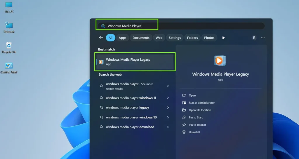 Open the Start menu, type Windows Media Player in the search bar, then click the app to launch it.