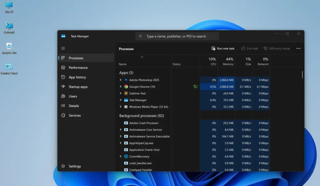 Press Ctrl + Shift + Esc to open Task Manager