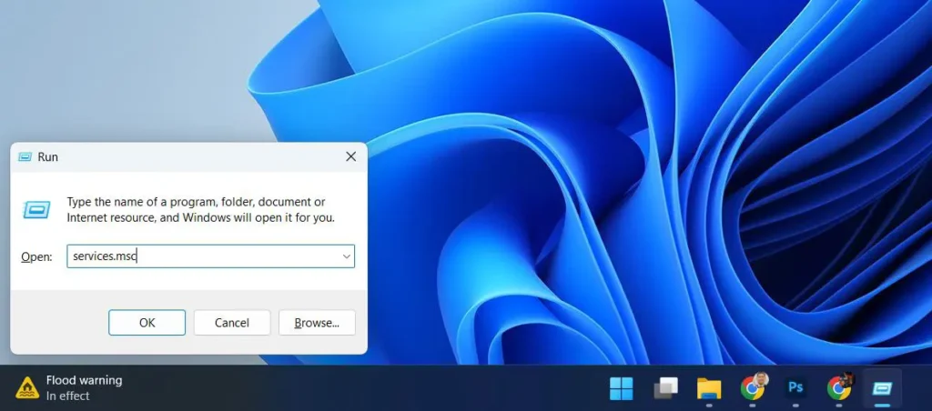 Press Windows + R to open the Run dialog box then Type services.msc and press Enter.