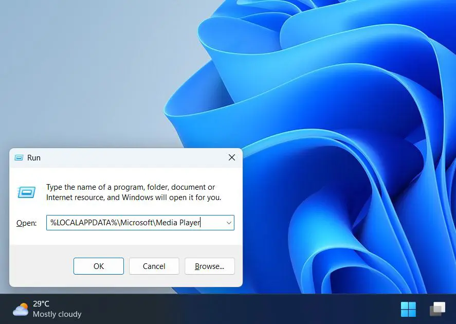 Press Windows + R, type '%LOCALAPPDATA%\Microsoft\Media Player' and press Enter