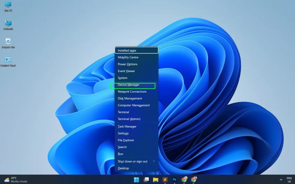 Press 'Windows + X' and select 'Device Manager'