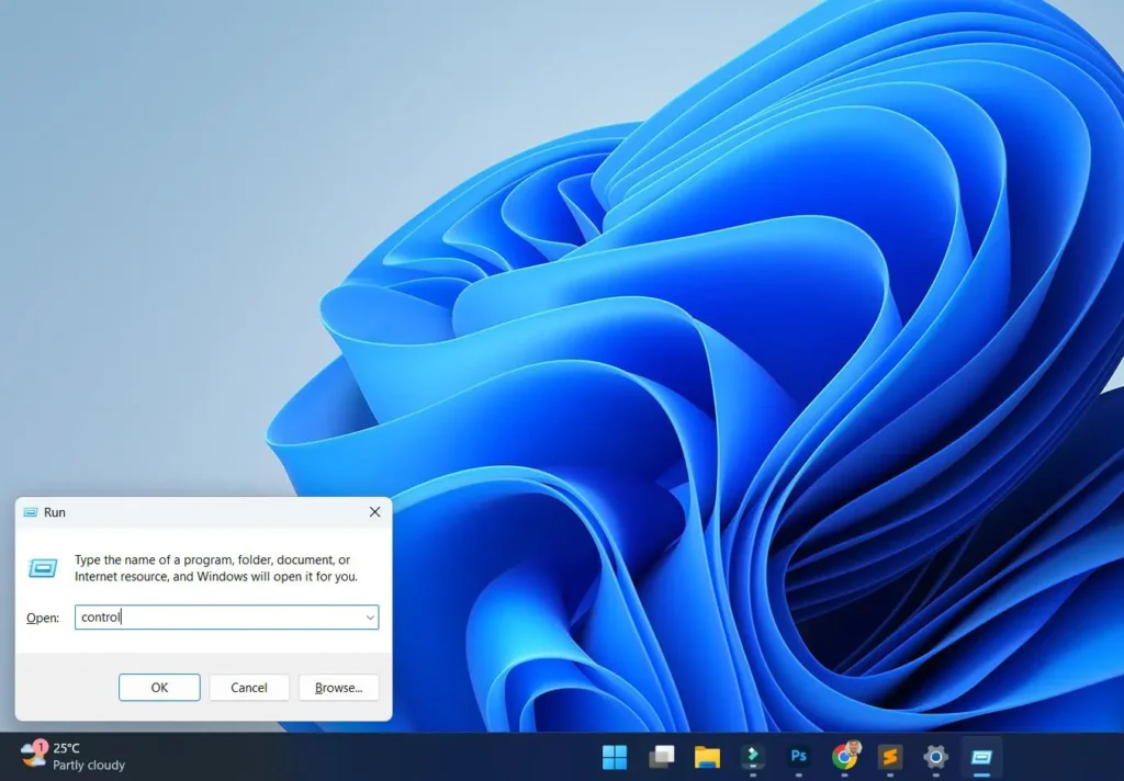 Press Windows key + R and Type 'control' then press Enter
