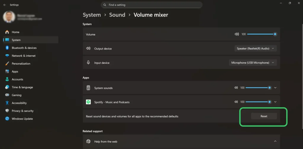 Reset Volume and App Levels via Volume Mixer in Windows Setting
