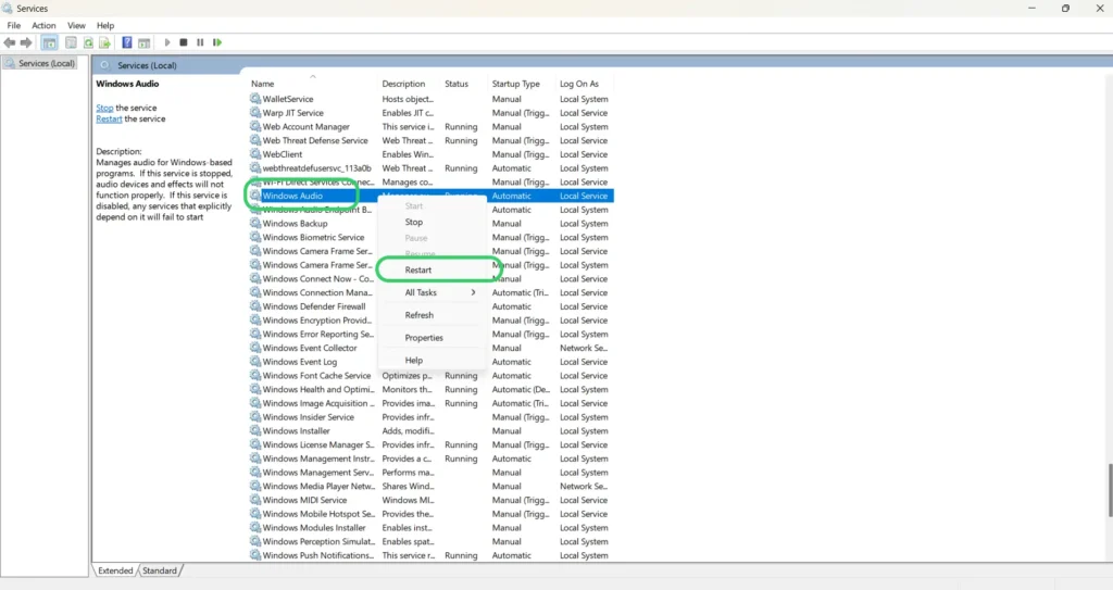 Restart the Windows Audio Service