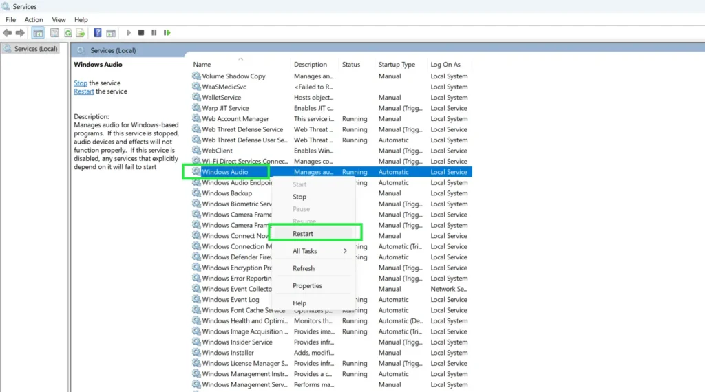 Right-click on Windows Audio and select Restart
