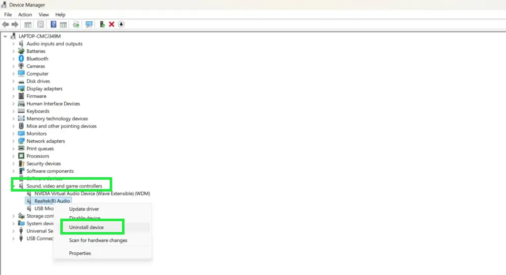 Right-click on your audio device and select Uninstall device