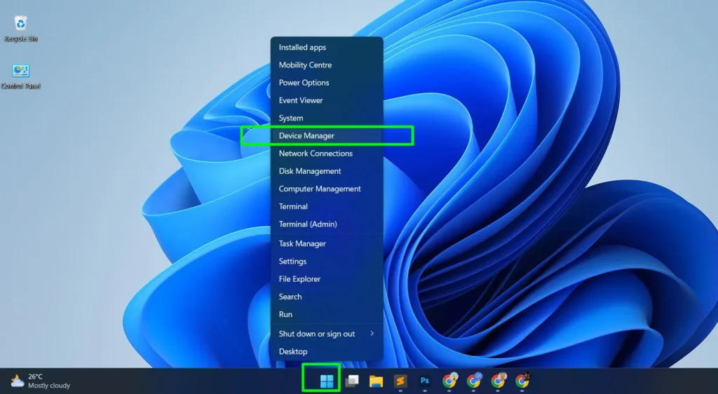 Right-click the Start button and open ‘Device Manager’