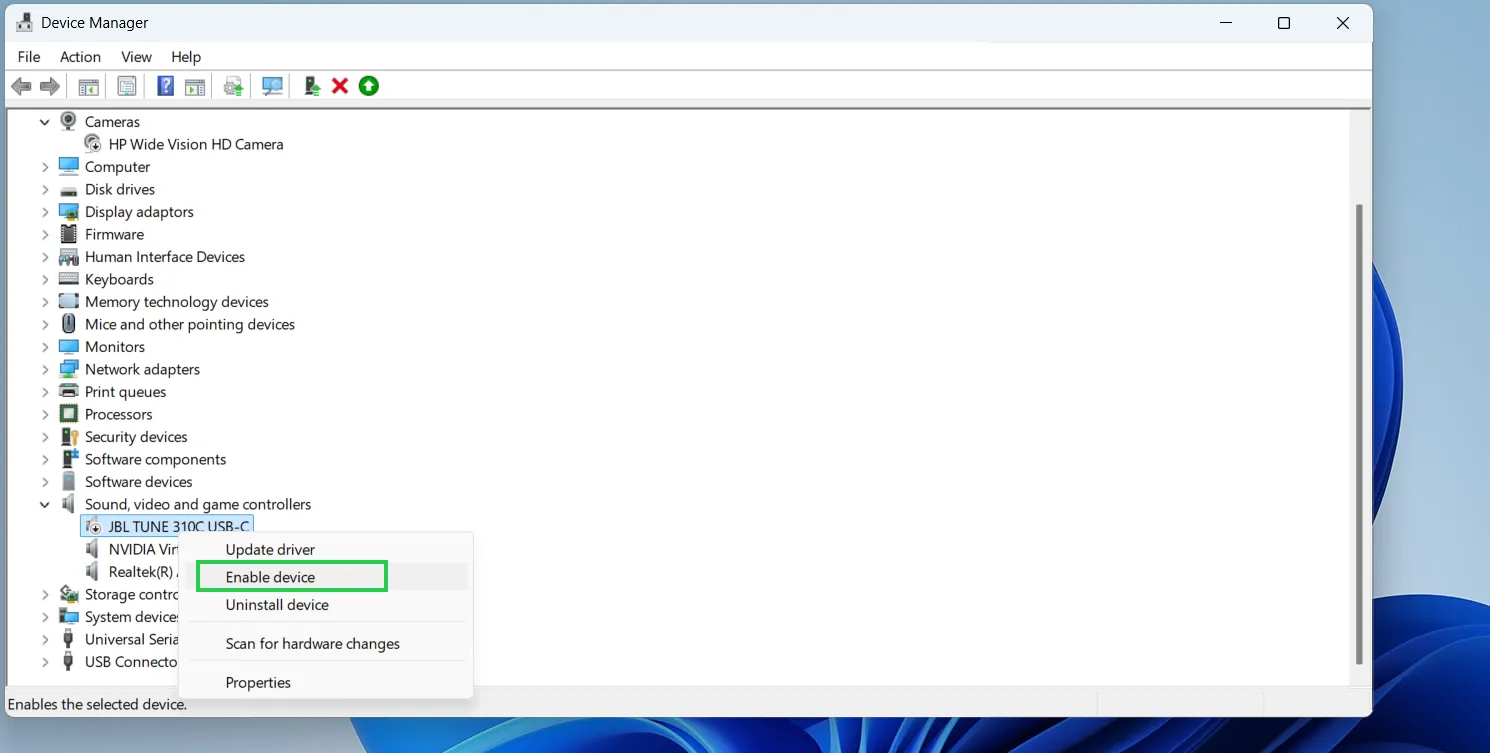 Right-click the same audio device again and select Enable device
