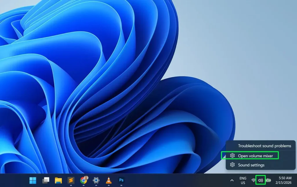 Right-click the speaker icon in the taskbar system tray then Click 'Open volume mixer'