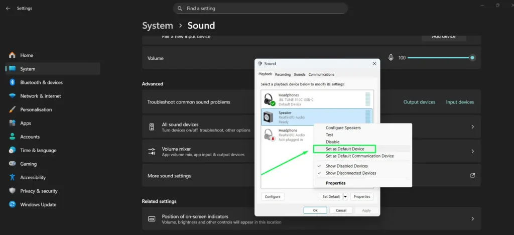 Right-click your preferred output device and select ‘Set as Default Device’
