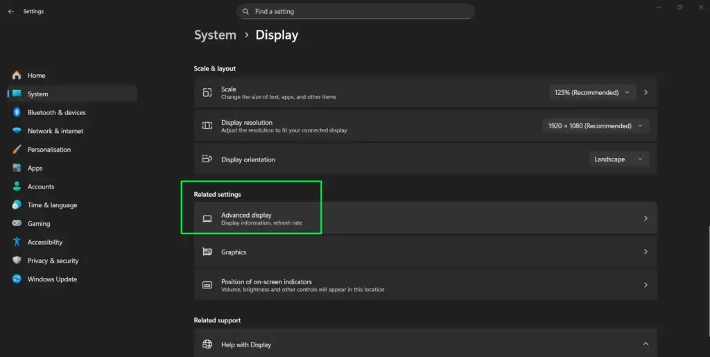 Scroll down and click 'Advanced display.'