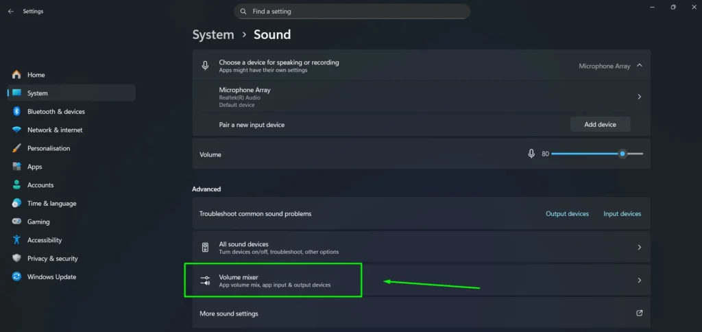 Scroll down and click Volume mixer under the Advanced section