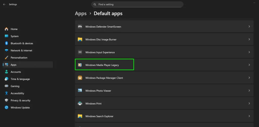 Scroll down and click on ‘Windows Media Player Legacy’