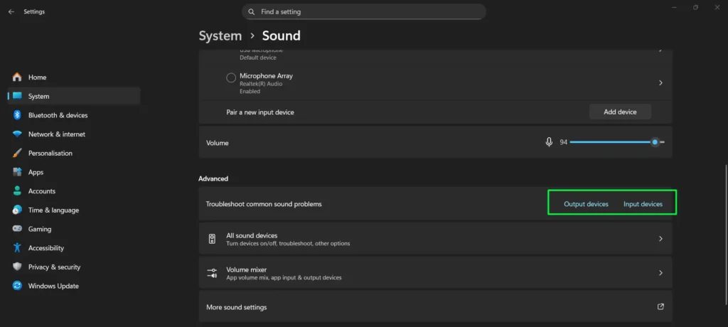 Scroll down and under 'Troubleshoot common sound problems' click on Output devices or Input Devices