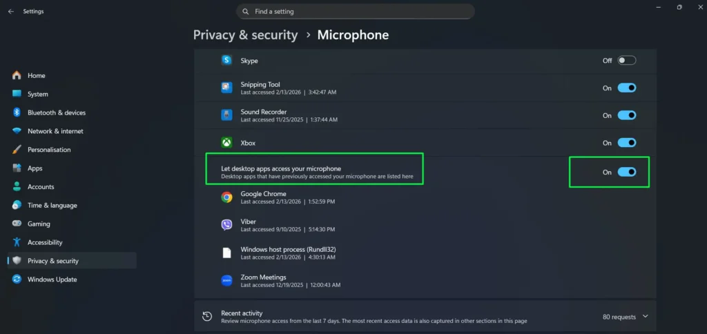 Scroll down to Let desktop apps access your microphone and make sure it is On