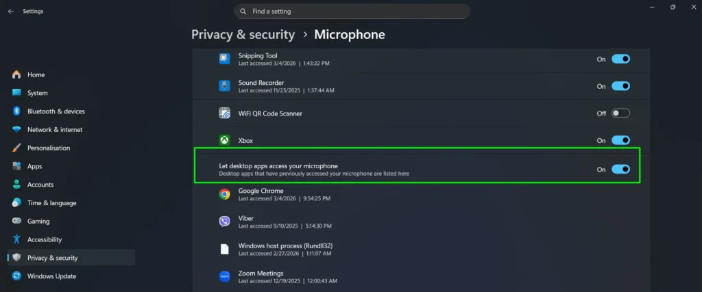 Scroll down to Let desktop apps access your microphone and verify the toggle is On