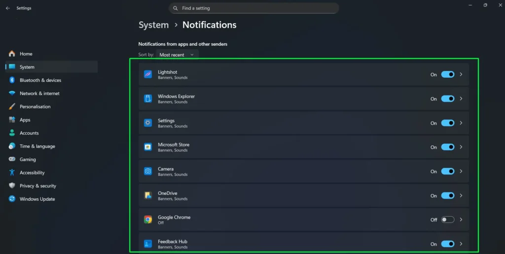 Scroll down to find the full list of installed apps. Each app carries its own toggle switch for quick on-off control