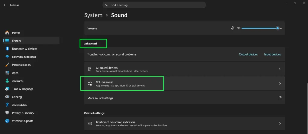 Scroll down to the Advanced section and click on Volume mixer