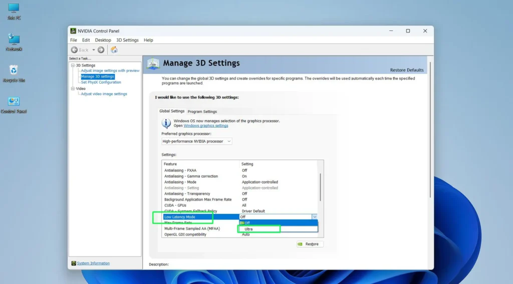 Scroll through the settings list and locate 'Low Latency Mode' — set this to 'Ultra'