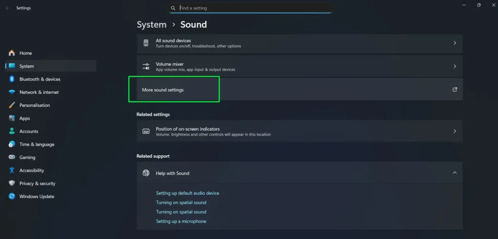 Scroll to the bottom of the Sound settings page and click 'More sound settings'