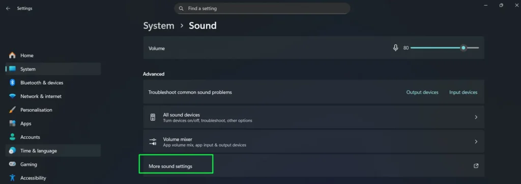 Select ‘More sound settings’ from the context menu