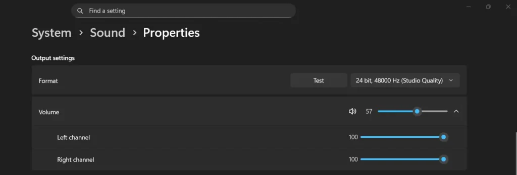 Select your playback device under Output, open Device properties, then adjust the Left and Right balance sliders