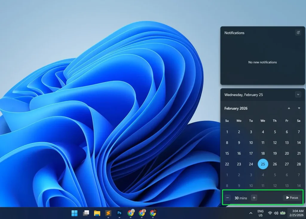 Set the Focus timer at the bottom of the panel using the + and − buttons, then click Focus to start your session