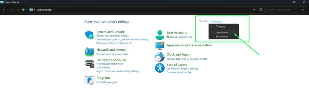 Set the view to Large icons or Small icons using the ‘View by’ dropdown in the top-right corner