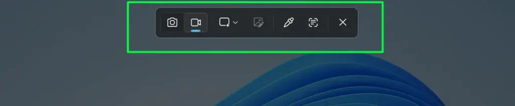 The screen dims slightly and a small toolbar appears at the top