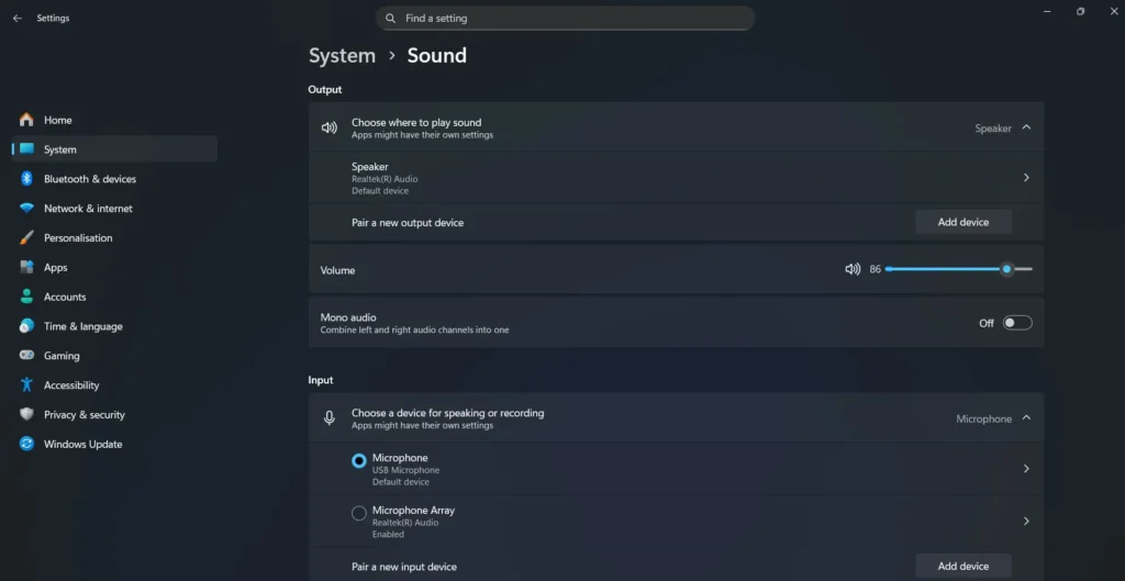 This opens the full Sound settings page with additional controls