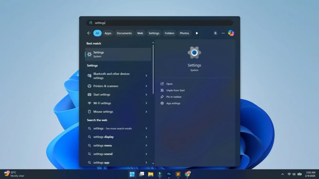 To open Settings, press Windows + I on your keyboard, or click Start and look up Settings