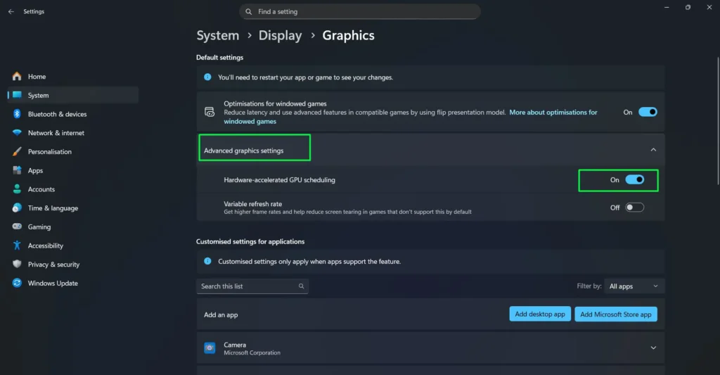 Toggle 'Advanced graphics settings' then toggle on 'Hardware-accelerated GPU scheduling'