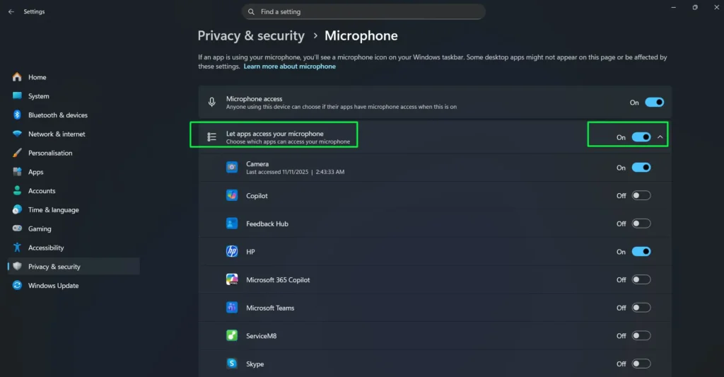 Turn Microphone access On if it’s disabled and Turn Let apps access your microphone On