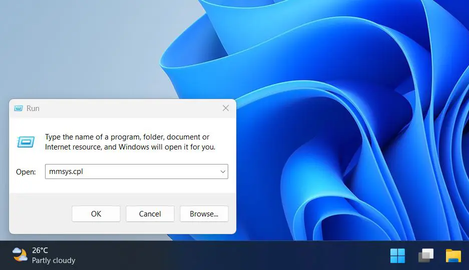 Type mmsys.cpl into the text field then Press Enter or click OK