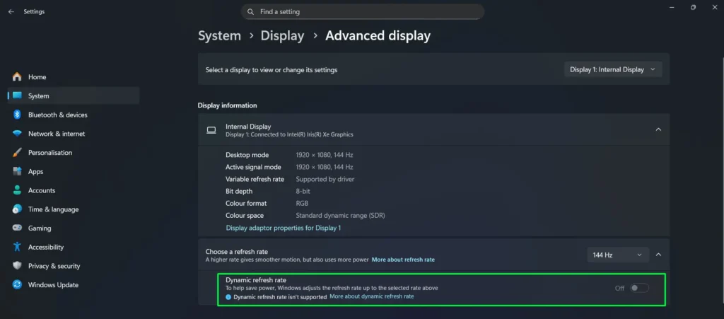 Under 'Choose a refresh rate,' look for the 'Dynamic refresh rate' option