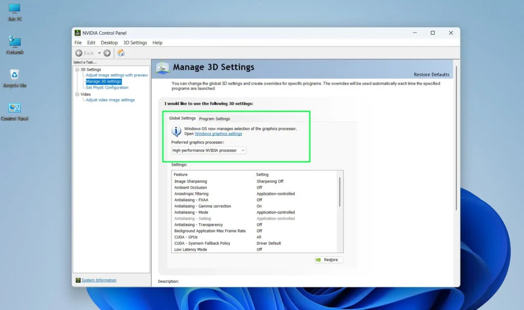 Under the 'Global Settings' tab, make sure 'Preferred graphics processor' is set to 'High-performance NVIDIA processor'