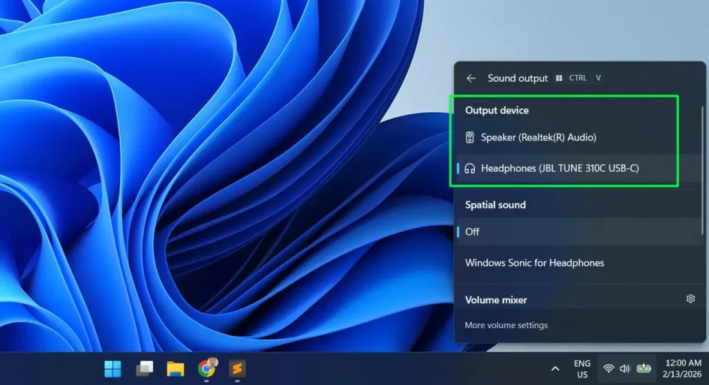 Under the Output device section, you will see all connected audio devices listed then Click on the device you want to use