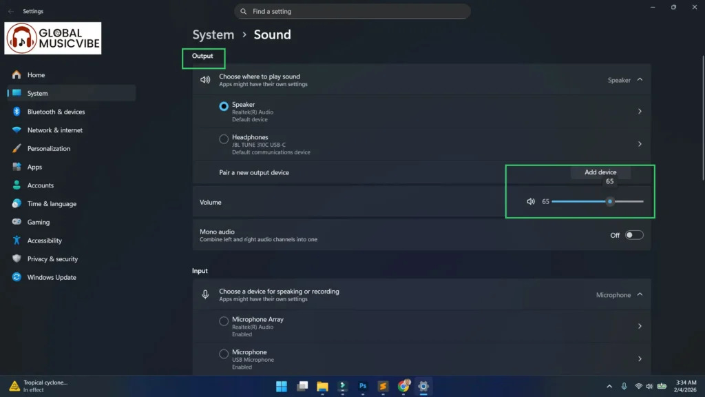 Under the Output section, Adjust the volume slider