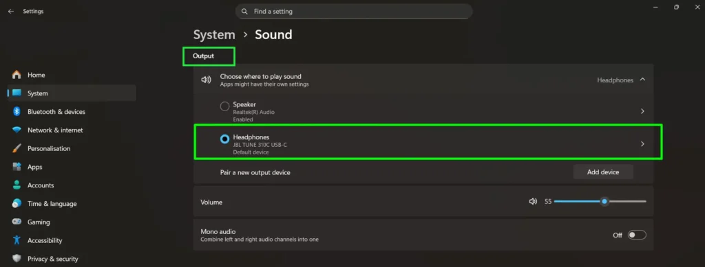 Under the ‘Output’ section, click on the audio device currently in use (headphones or speakers)