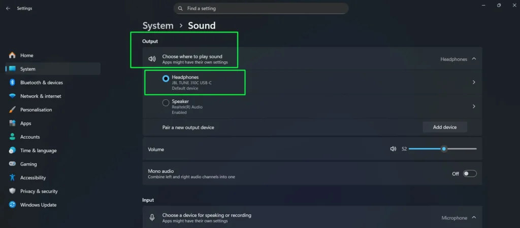 Under the Output section, you will see 'Choose where to play sound' then Click the radio button next to the device you want to set as default
