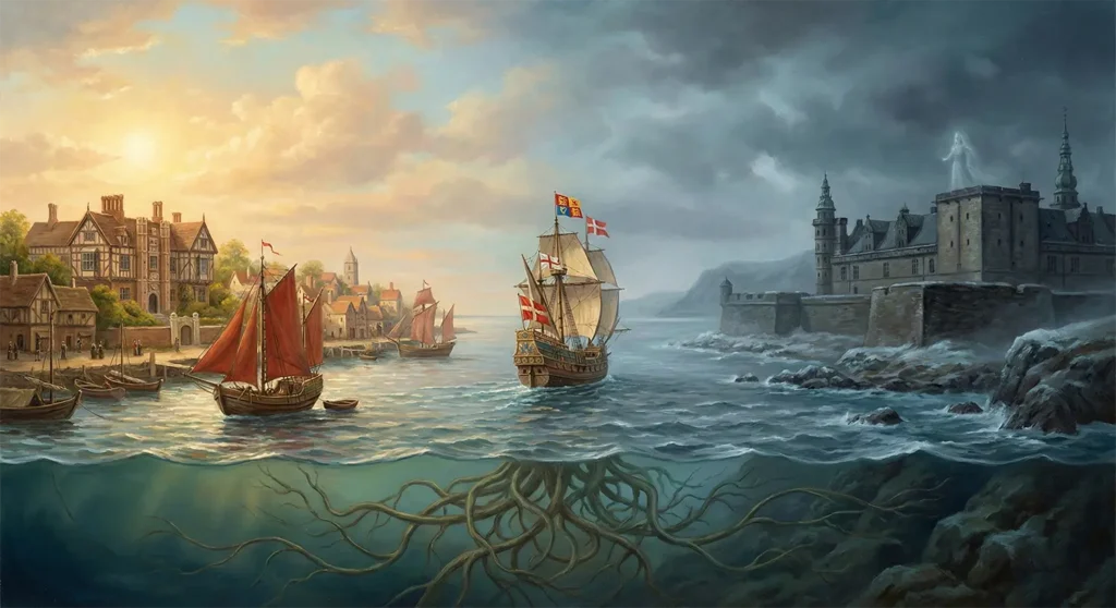 An illustration visualizes the historical connection between Elizabethan England and Denmark's Elsinore Castle, the setting for Hamlet, via a sailing ship bridging the two distinct landscapes.