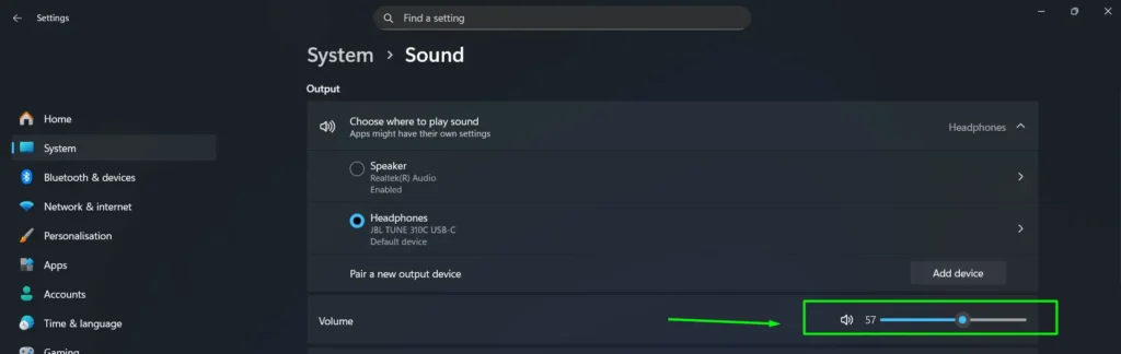 adjust the volume slider for that output device as needed