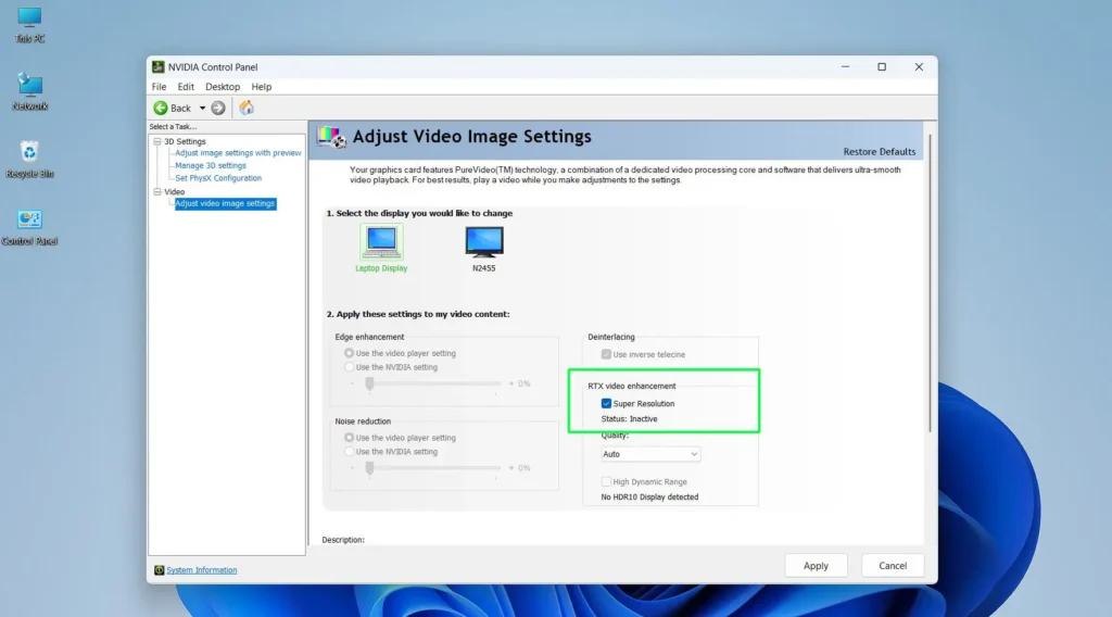 check whether 'RTX Video Enhancement' and 'Super Resolution' are available