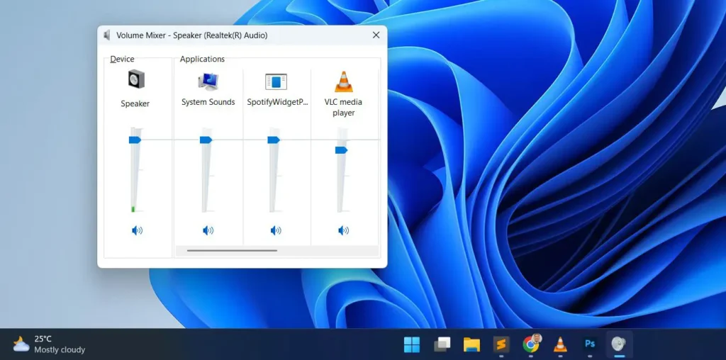 classic Volume Mixer window will open, showing sliders for each active audio application.
